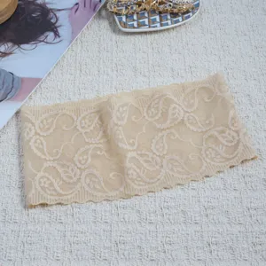 Retro beige paisley lace headband for women, elastic floral hair band and vintage accessory.