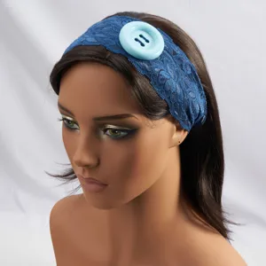 Blauwe kant hoofdband met grote lichtblauwe knop elastische haarband stijlvolle dagelijkse accessoire