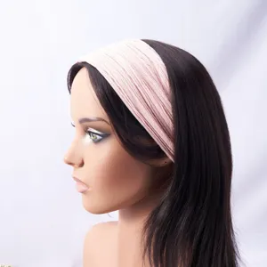 Pink knitted wide headband for women, elastic hair hoop and soft fashion hair accessory.