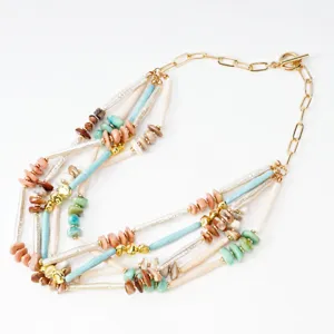 Bohemian multi-strand colorful necklace with irregular faux pearls and gold toggle clasp.