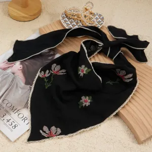 Retro floral embroidered black triangular headscarf, elegant handmade hair wrap style.