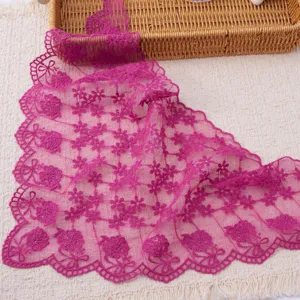 Magenta lace triangle scarf with floral embroidery and scalloped edge for elegant bridal and daily wear.