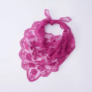 Magenta lace triangular headscarf with floral embroidery, wavy edges and cute tie for stylish looks.