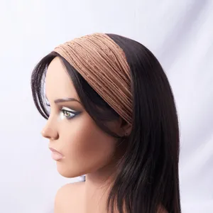 Detailed view of women's knitted wide headband in light brown, elastic daily hair accessory.
