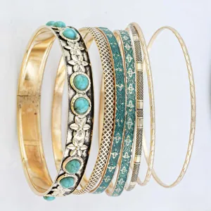 Set 7 bracciali rigidi oro turchese retrò, braccialetto in metallo vintage con motivi floreali.