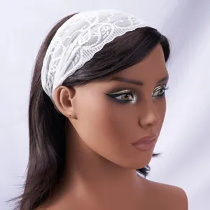 White lace headband detail shot, vintage elastic hair band accessory for women daily wear.
