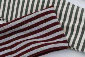 Close-up detail showing texture and retro striped pattern of thick knitted sports headband.
