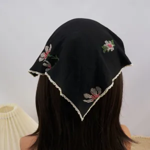 Retro black floral embroidered triangular headscarf with lace trim, vintage bandana for women.