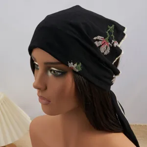 Vintage black embroidered headscarf floral lace trim bandana boho retro head wrap for women