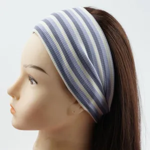 Blue and white striped elastic knitted headband for sports and casual daily fashion wear.