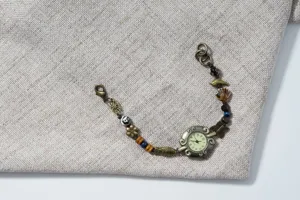 Vintage bronze beaded braided bracelet watch for women, ocean style decorative quartz wristwatch.
