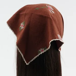 Women Vintage Literary Embroidered Triangle Scarf Nylon Floral Lace Trim Bandana Headwear Hair Accessories