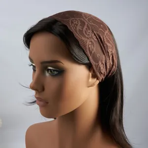 Vintage brown lace headband for women, elastic wavy edge hair accessory for daily wear.
