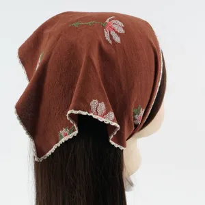 Caramel brown floral embroidered triangle headscarf, retro cotton hair bandana for women