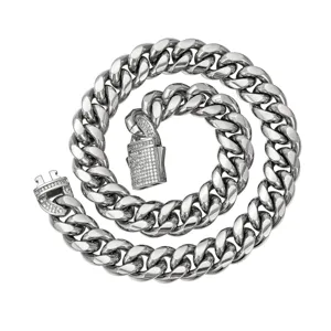 Silver stainless steel cuban chain necklace with paved rhinestone lock pendant and clasp detail