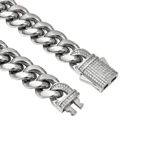 Men's Stainless Steel Cuban Link Chain Necklace With Rhinestone Ear Buckle Hip Hop Fashion Jewelry Gift