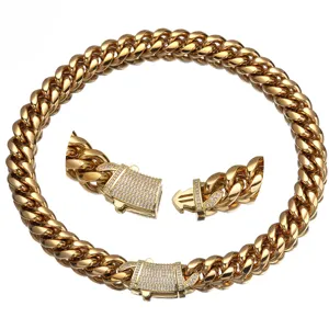 Men's Stainless Steel Cuban Link Chain Necklace Gold Plated Rhinestone Clasp Hip Hop Fashion Jewelry