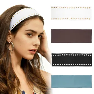 Women Minimalist Elastic Knitted Headband Solid Color Sport Yoga Hair Band With Metal Rivets Fashion Hair Accessories