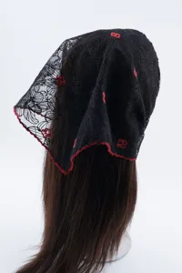 Black lace triangular headscarf with red embroidery, stylish hair accessory for women.