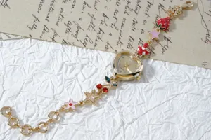 Gold heart dial quartz watch with cute fruit charm bracelet, vintage style women wristwatch.