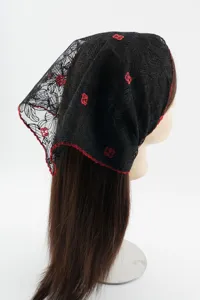 Black lace hair scarf, vintage floral triangle headwrap, elegant fashion accessory.