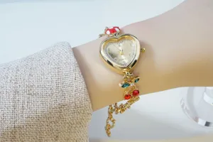 Gold heart-shaped quartz watch for women with vintage cherry flower charms bracelet