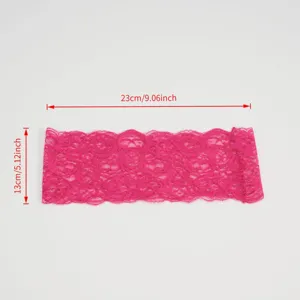 Detail shot of pink stretch lace headband featuring exquisite floral pattern and measurements.