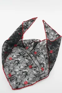 Black lace triangle scarf with red floral embroidery fashion head wrap hair accessory.