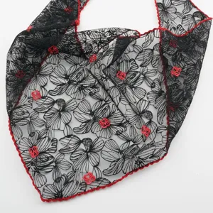 Black floral lace triangular headscarf retro fashion hair accessory elegant sheer shawl.