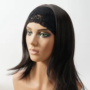 Close-up detail of black lace headband and dark straight wig on mannequin display head.