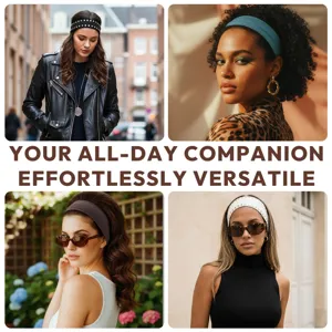 Wide knitted headband with chic rivet details, comfortable elastic hair accessory for daily wear.