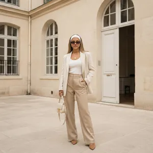 Detailed shot of the white knit headband worn by a model in a classic European courtyard.