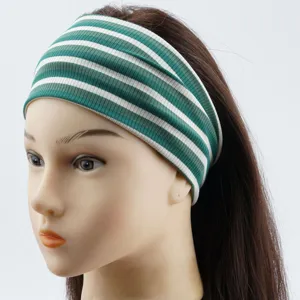 Green and white striped knitted wide sports headband, high elasticity for yoga.