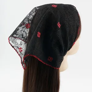 Black lace triangle headscarf with red floral embroidery, vintage hair accessory for women.