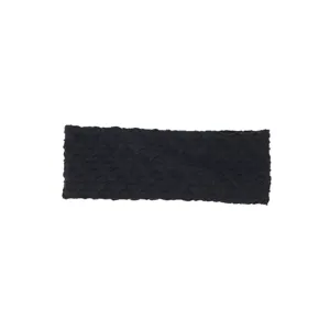 Detailed view of black stretchy knit headband featuring stylish mesh lace texture.
