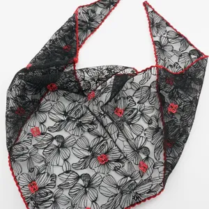Black lace triangle scarf with red floral embroidery, stylish head wrap hair accessory for women.