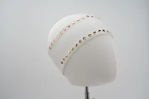 White knitted wide headband with gold studs, elastic women hair accessory for daily wear.