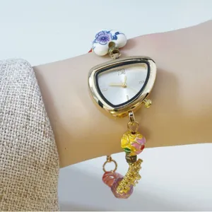 Women Fashion Quartz Watch Irregular Metal Dial Ceramic Enamel Beaded Handmade Chain Strap Elegant Wristwatch