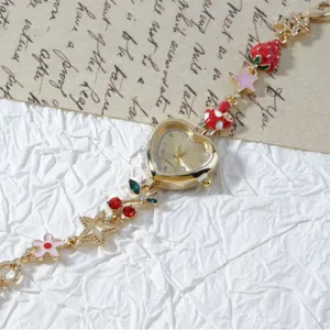Gold heart-shaped dial watch vintage strawberry cherry charm bracelet for women cute