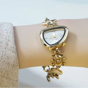 Women's Fashion Gold Quartz Watch With Irregular Dial And Cute Bear Star Heart Flower Pendant Bracelets Jewelry Gift