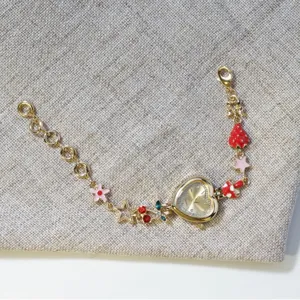 Cute gold heart dial watch with sweet fruit charm bracelet for women vintage style quartz timepieces