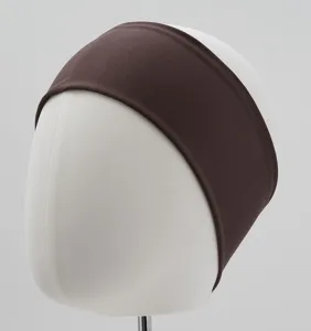 Dark brown wide stretch knit headband for women, comfortable daily hair accessory detail.