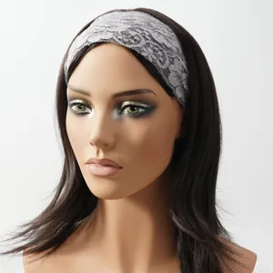 Close-up detail view of the silver grey lace headband worn on mannequin, elegant hollow design.