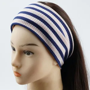 Blau-weiß gestreiftes Strick Stirnband breites elastisches Haarband für Sport Yoga