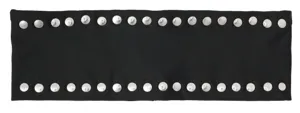 Detailed shot of a black knit wide headband decorated with double rows of metal studs.