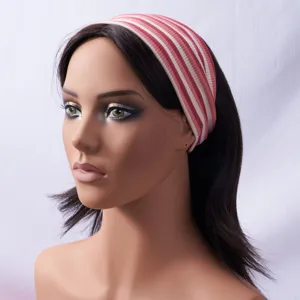 Detailed view of the pink and white striped knitted wide sports headband for comfortable yoga wear.
