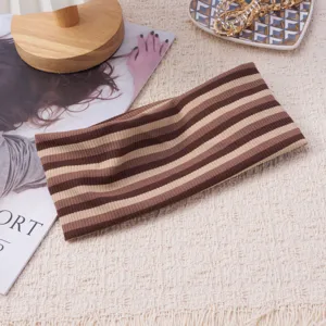 Brown striped knit wide headband for sports yoga elastic hair band daily activewear.