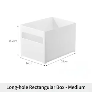 Medium white rectangular storage box with precise dimensions of 15.2cm by 14cm by 28cm