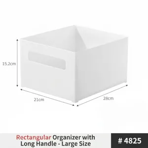 White rectangular storage box with handles, large cabinet organizer 28x21x15.2cm