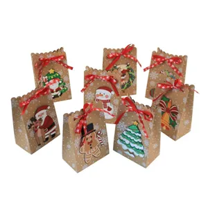 Bolsas de Regalo de Papel Kraft de Navidad Cajas de Caramelos Con Estampado de Copos de Nieve Cinta Roja Etiquetas Suministros de Embalaje para Fiestas